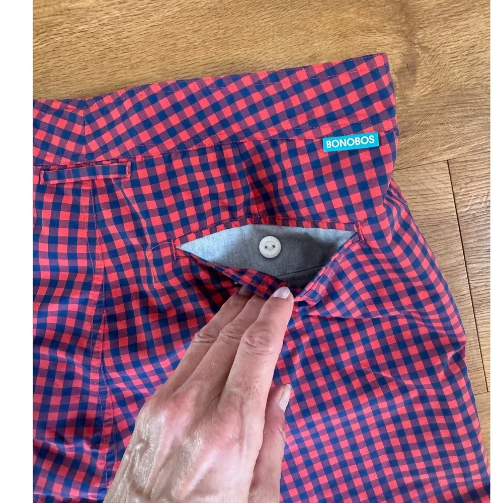 Bonobos Mens Gingham Swim Trunks Red Blue Plaid Board Shorts 7 Inch Inseam 32W